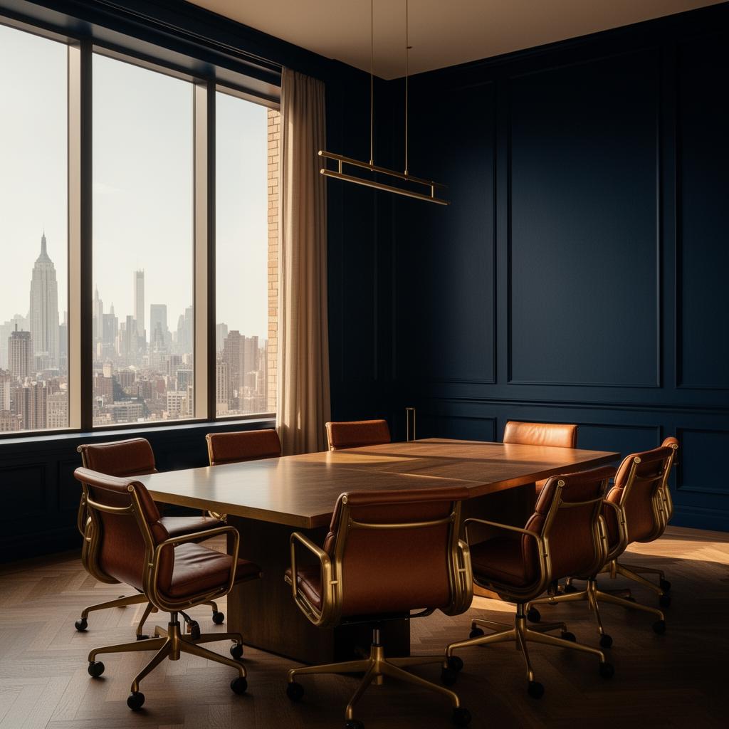 A modern boardroom with deep navy walls and a city skyline view